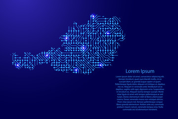 Map Austria from printed board, chip and radio component with blue star space on the contour for banner, poster, greeting card, of vector illustration.