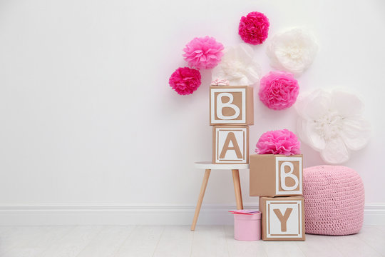 Beautiful decorations for baby shower party in light room