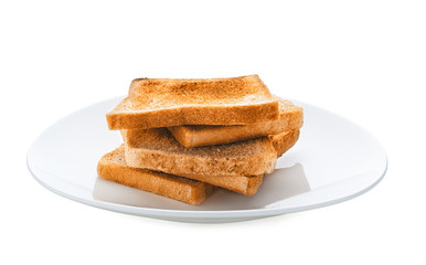 Fototapeta na wymiar Plate with toasted bread on white background