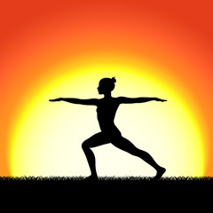 Fototapeta na wymiar Yoga virabhadraasana pose black silhouette on sunset background. Woman character meditating in nature.