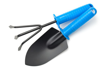 Garden Shovel and Rake Isolated on White Background