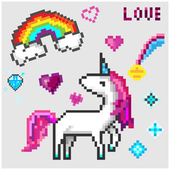 The magic world of the unicorn. Card in pixel art style