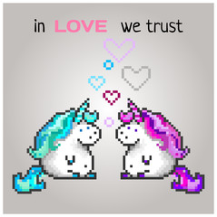 Two enamored unicorns in pixel art style