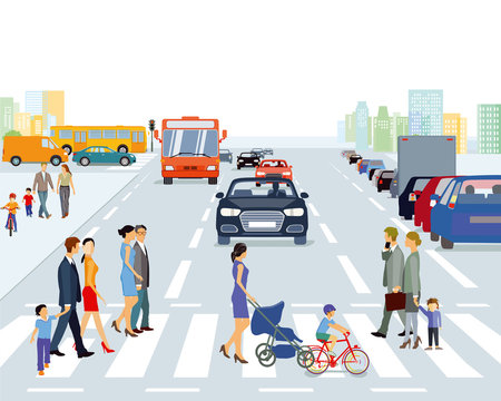 große Stadt mit Straßenverkehr und Fußgänger, Illustration