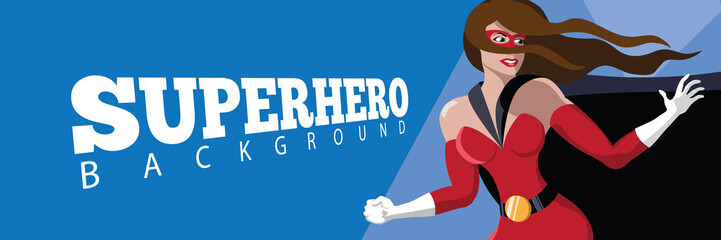 Female super hero banner background illustration. Strong woman in tights and a black cape. EPS10 vector.