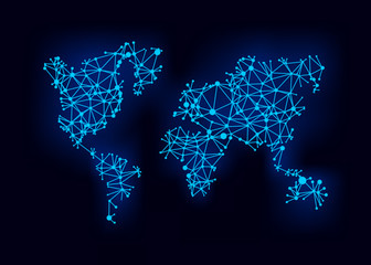 World map with circles and lines. Abstract polygonal world map with points. Global network mesh. Vector illustration.