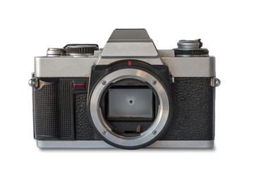 Old vintage black and silver camera on white background, isolated