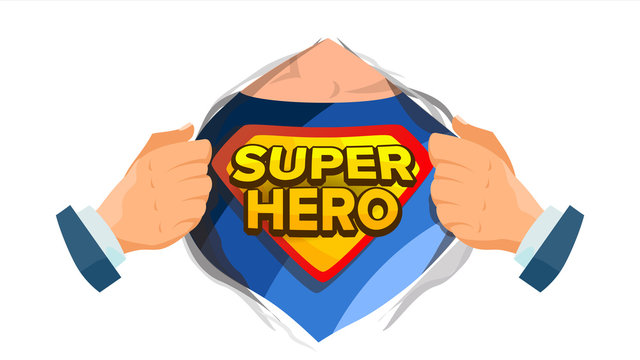 Super Hero Sign Vector. Superhero Open Shirt To Reveal Costume Underneath With Shield Badge. Isolated Flat Cartoon Comic Illustration