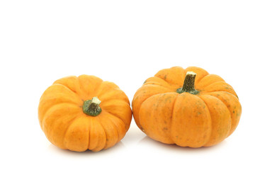 two yellow decorative pumpkins on a white background