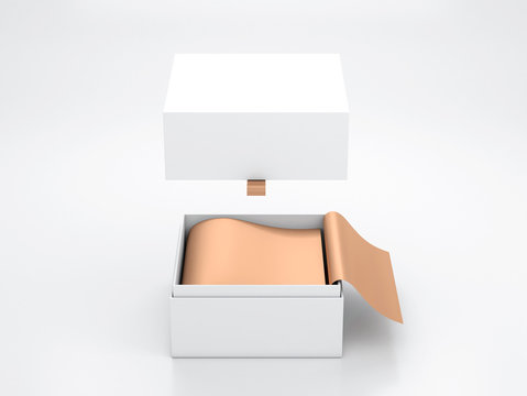 White Opened Box Packaging Mockup With Flying Cover And Gold Wrapping Paper, 3d Rendering