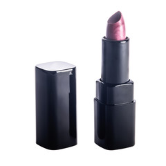 red lipstick in black tube on white background