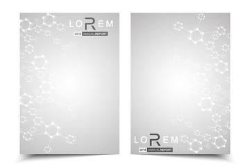 Fototapeta premium Scientific brochure design template. Vector flyer layout, Molecular structure with connected lines and dots. Scientific pattern atom DNA with elements for magazine, leaflet, cover, poster design.