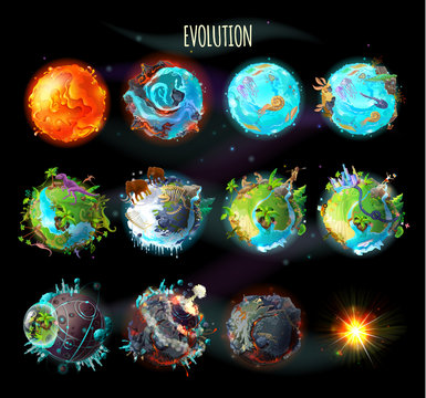 Stages of the origin of life on Earth, evolution, climate changes, technology progress, cataclysms, planetary explosion, death of planet, vector concept illustration. Timeline, infographic elements