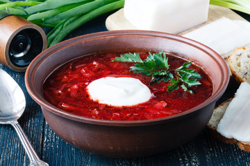 Borscht, vegetarian beetroot soup and ingredients on dark background, close up view