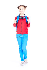 Portrait of Asian school girl posing on white background with backpack and headphones around her neck