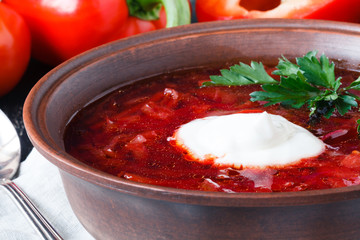 Traditional Romanian and Russian borsch - vegetable soup with parsley