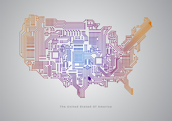 
Abstract illustration vector electronic circuit line /Main board Map of United States with glowing points. POWER button/Green technology
