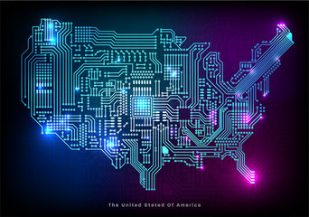 
Abstract illustration vector electronic circuit line /Main board Map of United States with glowing points. POWER button/Green technology
