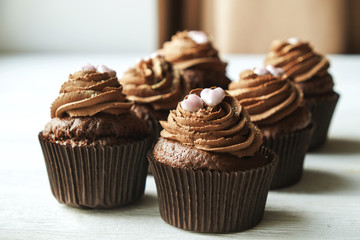 Tasty home made baked birthday muffin sweets. Yummy bakery products bad for figure. Unhealthy sweets. Holiday christmas, womens mothers day, happy valentine, february. Make up present for girlfriend