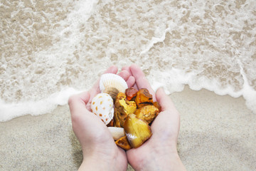 Amber. Three unique transparent piece of amber on the palm of the sea. Sunstone as a natural mineral on the beach. Amber glitter in the hand. Three amber of different forms on wave.