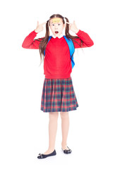 Asian female elementary student in school uniform posing on white background