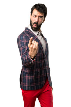 Well dressed man shouting on white background