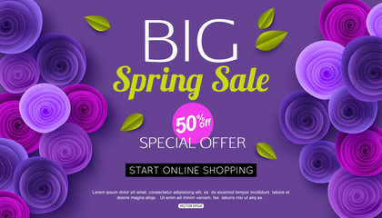 Spring Sale Banner design with ultra violet paper rose flowers. Vector illustration