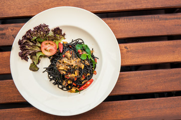 Black spaghetti sauce, chili, seafood.