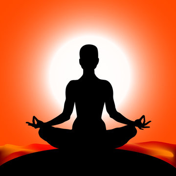 Famale body silhouette in yoga lotus asana on the sun red color background. Vector illustration eps10