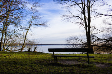 Fototapeta na wymiar Wooden bench by the water and trees
