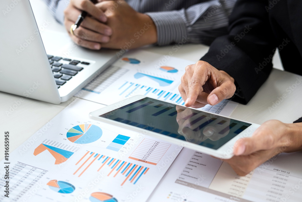 Aufkleber Business team meeting working with new startup project, discussion and analysis data the charts and graphs. Digital tablet calculator, laptop computer using, Business finances and accounting concept