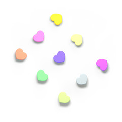 Set of valentines hearts allows create own unique scenes. 3d rendering. Top view isolated on white background. .Bright shiny colors. Bunch of little objects.