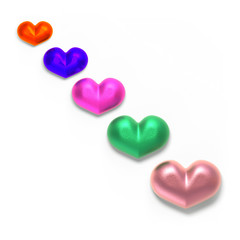 Set of valentines hearts allows create own unique scenes. 3d rendering. Top view isolated on white background. Detailed silver, gold, metallic, foil surface materials. .Bright shiny colors.