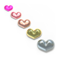 Set of valentines hearts allows create own unique scenes. 3d rendering. Top view isolated on white background. Detailed silver, gold, metallic, foil surface materials. .Bright shiny colors.
