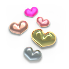 Set of valentines hearts allows create own unique scenes. 3d rendering. Top view isolated on white background. Detailed silver, gold, metallic, foil surface materials. .Bright shiny colors.