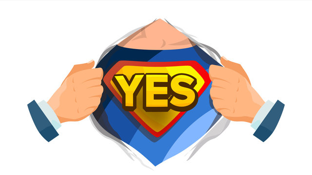 Yes Sign Vector. Superhero Open Shirt With Shield Badge. Isolated Flat Cartoon Comic Illustration