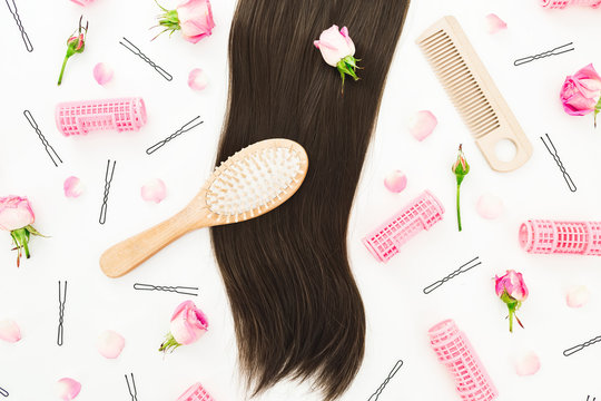 Beauty hair styling concept on white background. Flat lay, top view