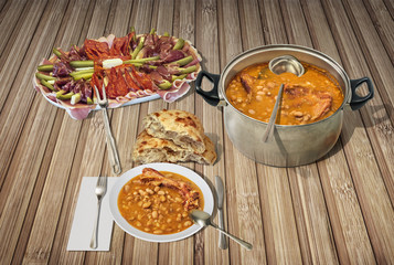 Plateful Of Appetizer Savory Dish And Beans Baked With Smoked Pork Ribs Served With Domestic Leavened Flatbread On Rustic Slatted Wooden Place Mat