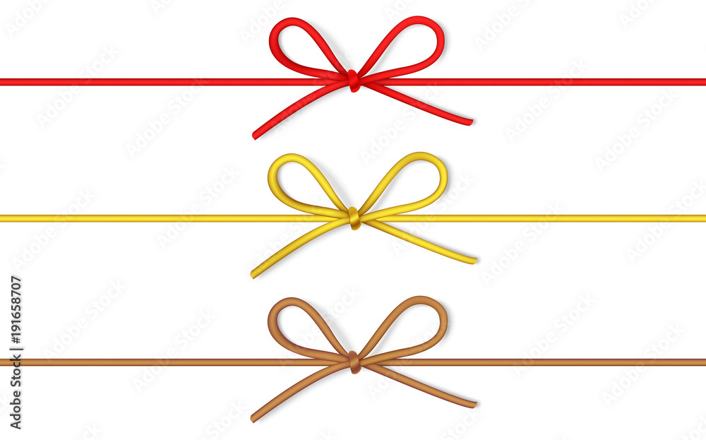 Wall mural set of decorative string bow with horizontal thin rope isolated on white background. vector twine wi