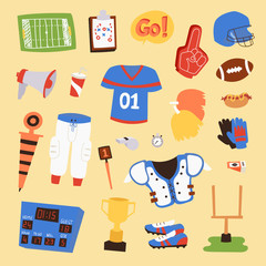 American football vector player uniform sport icons isolated on background. Sport athlete uniform people helmet icons. Winning adult football soccer professional competition sports equipment