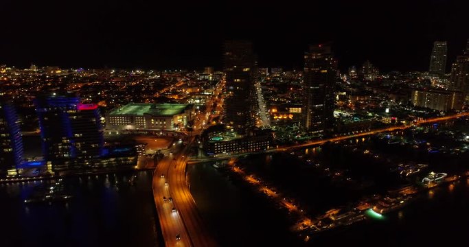 Aerial video Miami Beach night south of 5th street Florida USA