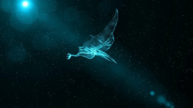 Pterodactyl, prehistoric extinct bird flying through particles, fantasy 3D animation