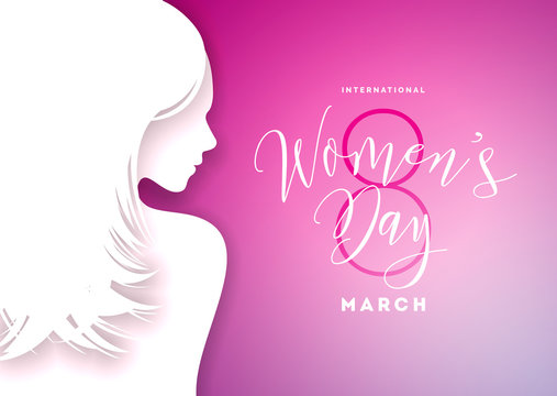 Happy Womens Day Greeting Card Design with Sexy Young Woman Silhouette. International Female Holiday Illustration with Typography Letter Design on Pink Background. Vector International 8 March
