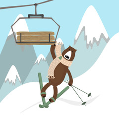 Cartoon bear skier with ski lift gondola on ski resort background.