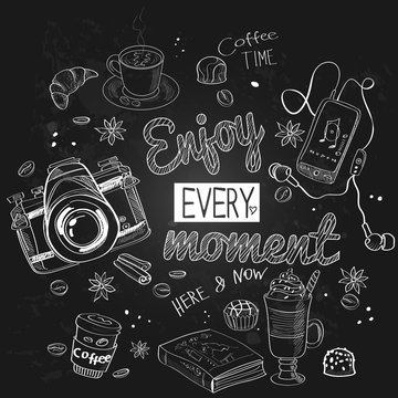 Vector set for the holiday. Camera, player, coffee, cakes. Black slate