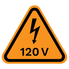 120 VOLT caution sign in yellow triangle. Vector icon.