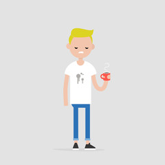 Spilled coffee. Young annoyed character wearing a stained t-shirt. Concept. Trouble. Flat editable vector illustration, clip art