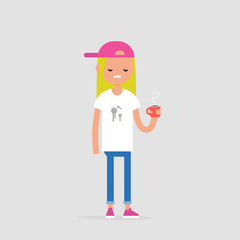 Spilled coffee. Young annoyed character wearing a stained t-shirt. Concept. Trouble. Flat editable vector illustration, clip art