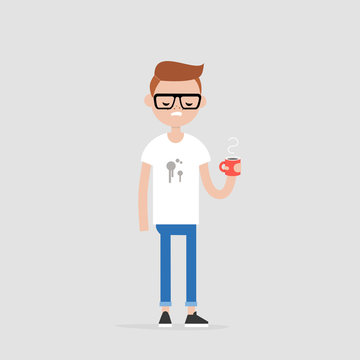recommend clip art: Spilled coffee. Young annoyed character wearing a stained t-shirt. Concept. Trouble. Flat editable vector illustration, clip art