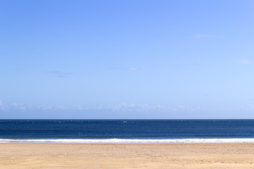 Semi abstract sand sea and sky horizon of the beach at Broad Haven South near Bosherston, Pembrokeshire, Wales, UK